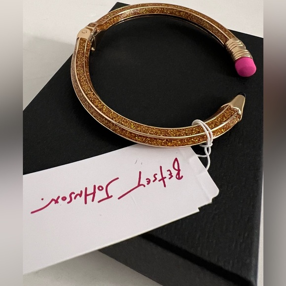 New BETSEY Johnson Gold Glitter Pencil Hinged Cuff Bracelet Back To School - Picture 16 of 16
